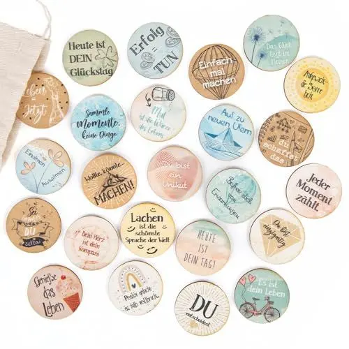 Produktbild: Logbuch-Verlag 24 kleine Sprüche Geschenke give-Away Gäste Glücksbringer positives Mindset Motivation 4 cm Holztaler zum Glück rund