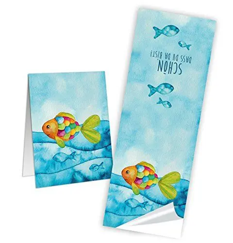 Produktbild: Logbuch-Verlag 25 Fische Aufkleber Schön dass du da bist Kindersticker 5 x 14,8 cm Tischkarte Kommunion Taufe
