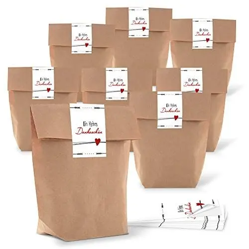 Produktbild: Logbuch-Verlag 10 Geschenktüten mit Sticker Ein kleines Dankeschön 16,5 x 26 x 6,5 cm Danke Geschenk Kunden Mitarbeiter Gäste rot weiß Herzen Kraftpapier natur Beutel