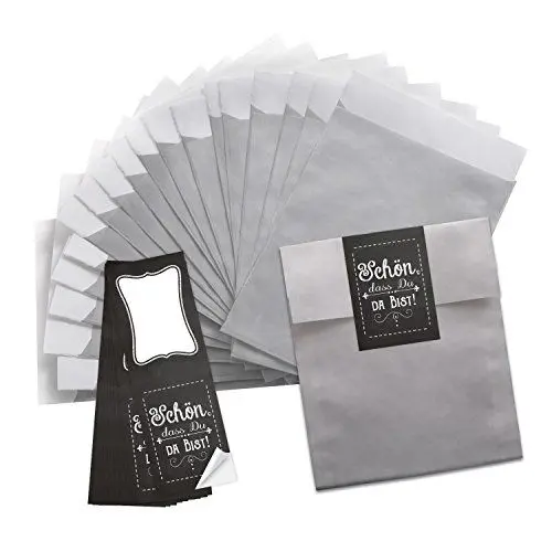 Produktbild: Logbuch-Verlag 25 Schön dass du da bist Gastgeschenk Tüten schwarz weiß silber grau Deko Hochzeit give-away Gäste Verpackung Papiertüte 13 x 18 cm Aufkleber