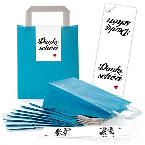 Produktbild: Logbuch-Verlag 25 blaue Henkeltüten aus Papier mit DANKESCHÖN Aufkleber weiß mit Herz - Papiertüte als Verpackung Geschenke Give-Away Kunden Gäste