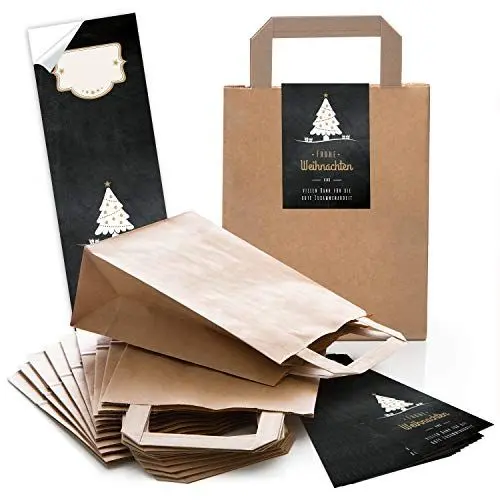 Produktbild: Logbuch-Verlag 25 kleine braune Geschenktaschen Frohe Weihnachten und Danke für die gute Zusammenarbeit 18 x 8 x 22 cm schwarz weiß Sticker wie Weihnachtskarte