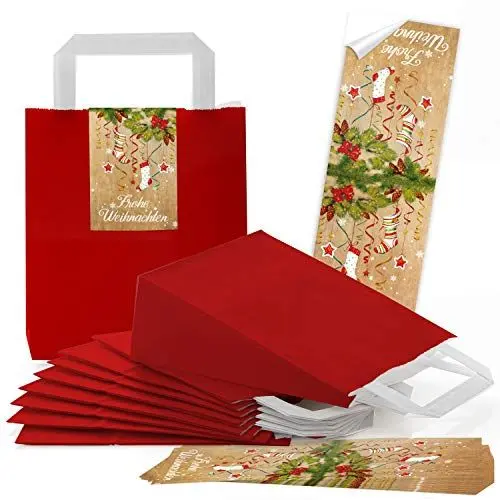 Produktbild: Logbuch-Verlag 25 kleine rote FROHE WEIHNACHTEN Text Tüten aus Kraftpapier mit Geschenkaufkleber als Verpackung zum Befüllen