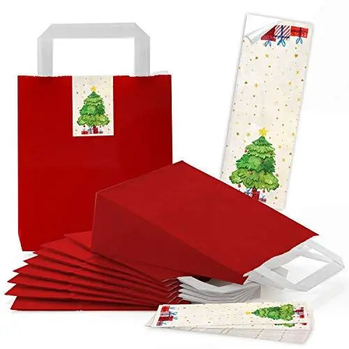 Produktbild: Logbuch-Verlag 25 rote Geschenktüten Weihnachten Papiertüten + Weihnachtsbaum Aufkleber Weihnachtsverpackung Kunden Geschenke 18 x 8 x 22 cm
