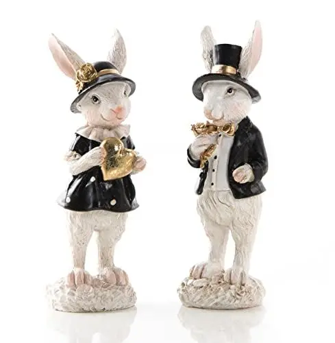 Produktbild: Logbuch-Verlag Osterhase Deko-Figuren, 2er Set: Schwarz-weißes Osterhasen-Paar, Osterdeko aus Polyresin, Deko-Hasen für Tisch, Kommode & Fensterbank, Indoor, Cake Topper, 10 cm