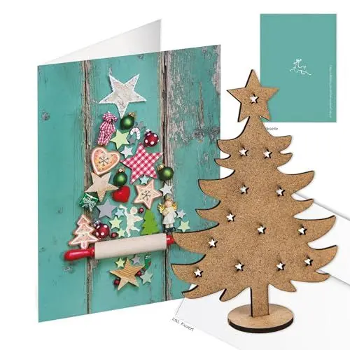 Produktbild: Logbuch-Verlag 3 Weihnachten Karten mit Umschlag Baum flach Geschenk Weihnachtsbaum Klappkarte Doppelkarte Holz zum Stecken