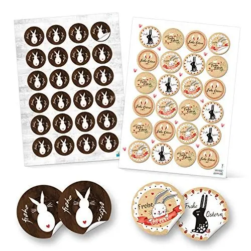 Produktbild: Logbuch-Verlag Osteraufkleber 2 x 48 Stück Osterhase Frohe Ostern Osteretikett Osterverpackung rund 4 cm braun weiß