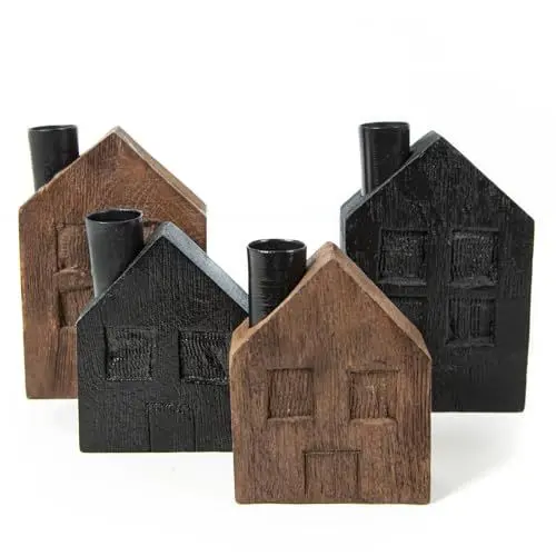 Produktbild: Logbuch-Verlag 4 kleine Häuser aus Holz Weihnachten Deko Kerzenständer Adventskranz Geschenkidee Kerzenständer braun schwarz 11-16,5 cm