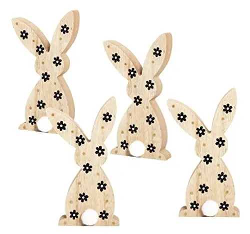 Produktbild: Logbuch-Verlag 4 kleine Hasen Osterhasen Holz 15 cm Deko Ostern Figur Geschenk schwarz-weiß Natur mit Blümchen