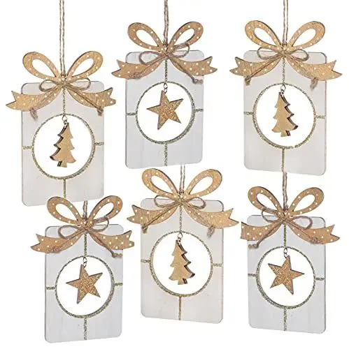 Produktbild: Logbuch-Verlag 6 Weihnachtsanhänger Holz Anhänger weiß Gold glitzernd Geschenkanhänger 15 cm