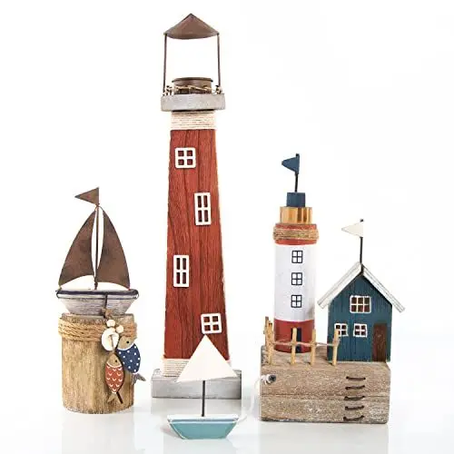 Produktbild: Logbuch-Verlag Dekoset 3-teilig aus Leuchtturm + Miniatur Strandhaus + Segelboot - Maritime Deko Stadt Hafenstadt Urlaub