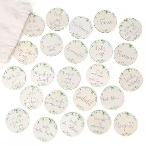 Produktbild: Logbuch-Verlag Eukalyptus Tischdeko Set 24 Holztaler Sprüche Wörte Liebe Hochzeitsdekoration Tisch Streudeko Hochzeitsgeschenk 4 cm