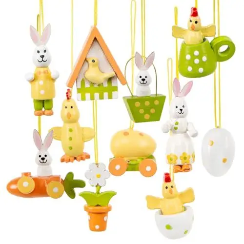 Produktbild: Logbuch-Verlag Holz Osterdeko zum Aufhängen Set 11-teilig Bunte Osteranhänger Osterhase Osterei Küken Frühlingsdeko Nostalgie 3,5-5 cm