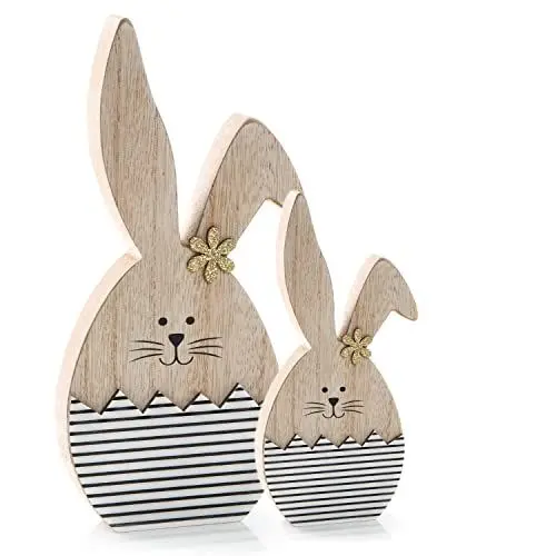 Produktbild: Logbuch-Verlag Osterdeko Set - 2 Osterhasen aus Holz 14 cm + 20 cm Natur weiß schwarz gestreift - Deko Ostern zum Hinstellen