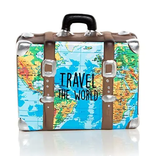 Produktbild: Logbuch-Verlag Spardose Reisekoffer Geburtstag Hochzeit Urlaubskasse Weltkarte Keramik Sparbüchse Reise Urlaub Reisekasse Geschenk 14 cm