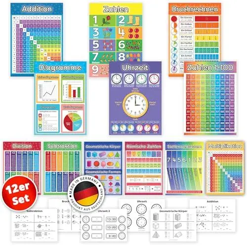 Produktbild: LOGIJO® 12 X pädagogische Montessori Mathe Lernposter, Set A4 mit Übungsblättern, Premium Poster Papier seidenmatt, Zahlen lernen 1x1 Einmaleins, Grundrechenarten, Lernhilfe für Kinder Vor-Grundschule