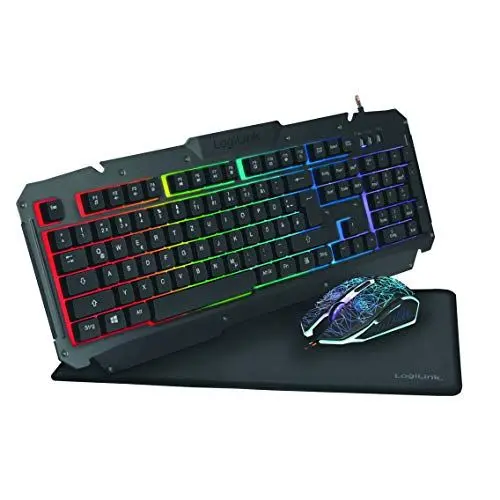 Produktbild: LogiLink ID0185 - Gaming-Set: Maus (800-2400dpi - beleuchtet) & Tastatur mit atemberaubender Metalloberfläche + Regenbogen LED-Hintergrundbeleuchtung & Gaming Mauspad (35x25cm)