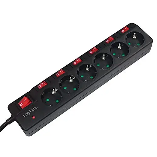 Produktbild: LogiLink LPS233 6-fach Steckdosenleiste (Schutzkontakt) - CEE 7/3, mit 6x Ein/Aus Schalter mit Überspannungsschutz und Kindersicherung Schwarz