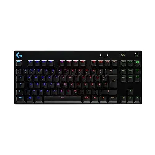 Produktbild: Logitech G PRO Mechanische Gaming-Tastatur – Portable Tenkeyless Design, abnehmbares Micro-USB-Kabel, GX Blue Clicky Switches, LIGHTSYNC RGB Backlit Keys, QWERTZ Deutsch, PC,Mac - Schwarz