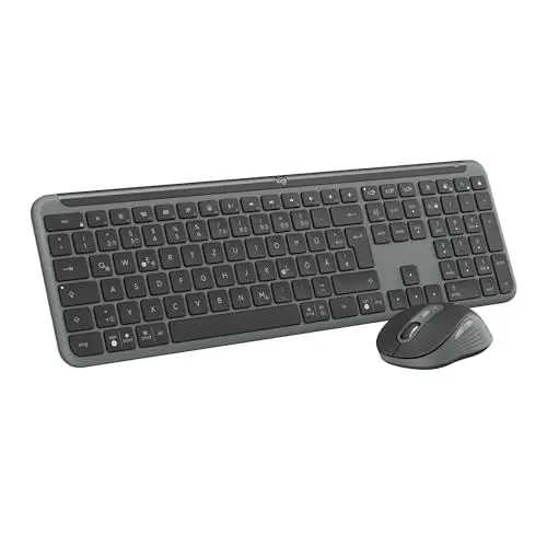Produktbild: Logitech MK950 Signature Slim kabelloses Tastatur-Maus-Set, schlankes Design, leise tippen, Wechsel zwischen DREI Geräten, Bluetooth, mehrere Betriebssysteme, Windows, Mac, DEU QWERTZ-Layout, Graphit
