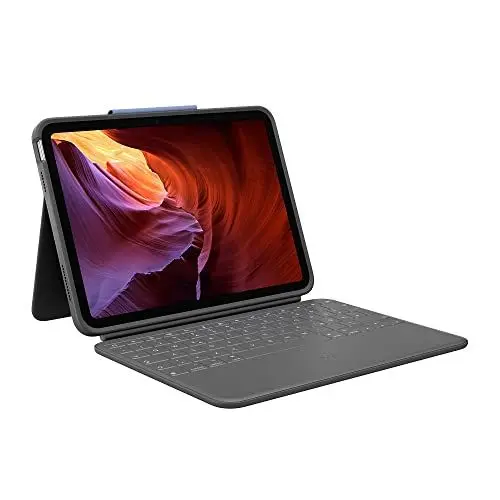 Produktbild: Logitech Rugged Folio Tastatur-Case für iPad (10. Generation und A16) mit Smart Connector und strapazierfähiger, spritzwassergeschützter Tastatur, Deutsches QWERTZ-Layout - Grau