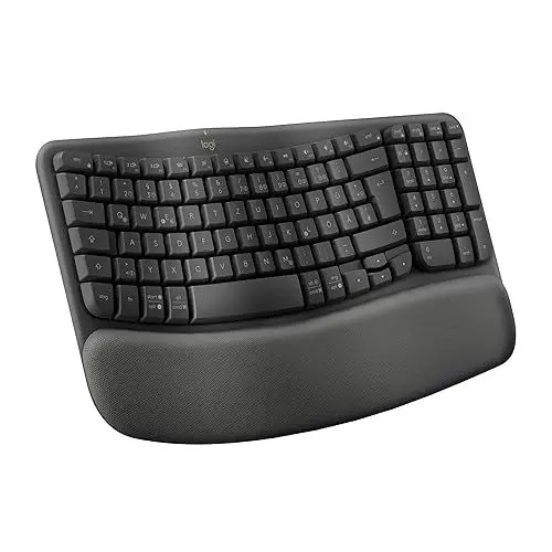 Produktbild: Logitech Wave Keys kabellose ergonomische Tastatur, gepolsterte Handballenauflage, komfortables natürliches Tippen, Easy-Switch, Bluetooth, Logi Bolt, Multi-OS, Windows/Mac, Deutsches QWERTZ, Graphit