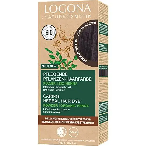 Produktbild: LOGONA Naturkosmetik Pflegende pflanzliche Haarfarbe, Veganes Haarfarbe-Pulver mit Bio-Henna für intensive Farbe und Glanz, Pflanzenhaarfarbe in Schwarzbraun (Braun), 1 x 100g