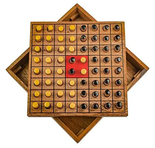 Produktbild: LOGOPLAY Wende den Stein - Kleines REISESPIEL 14 x 14 cm - Erobere den Stein - Strategiespiel - Denkspiel - Brettspiel aus Holz für 2 Spieler