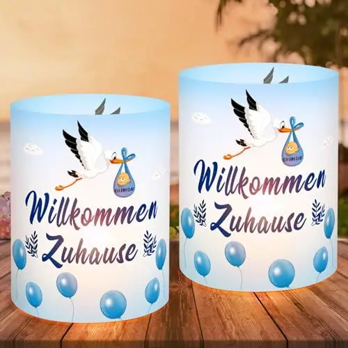 Produktbild: LOHAME 12 STK Windlichter Willkommen Zuhause Baby Dekoration Blau Storch Geburt Baby Party Tisch Deko Geeignet für Kerzen