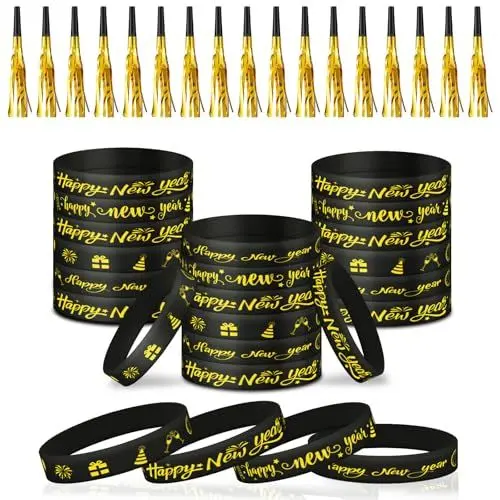 Produktbild: LOHAME 48 Stück Silvester Deko 2025 Neujahr Armbänder Partytröten Krachmacher Happy New Year Silikon Armband Schwarz Gold Party Accessoires für Kinder Erwachsene Silvesterparty Photo Booth Props