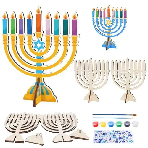 Produktbild: LOHAME 4 Stück Chanukka Menora Bastelset Kinder Holz Menorah zum Bemalen Hanukkah Basteln Chanukkah Deko Holzbastelset Davidstern Dreidel Kreativset DIY Handwerk für Mädchen Jungen Jüdische Party