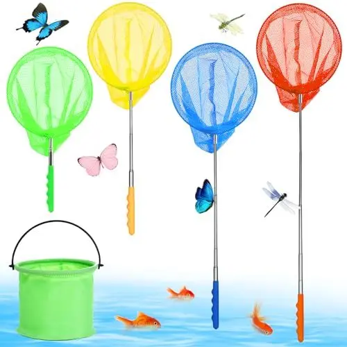 Produktbild: LOHAME 4 Stück Teleskop Kinder Kescher Schmetterling Netz Kinder Ausziehbar Schmetterlingsnetz mit Klappeimer Fischernetz Ideal zum Fangen von Insekten Bugs Angeln Fische Garten Pool Outdoor