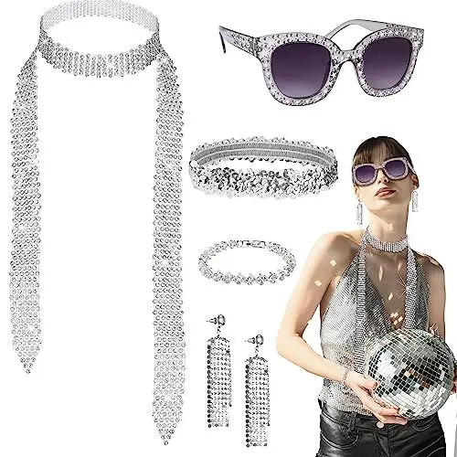 Produktbild: LOHAME 5 Stück Disco Accessoires, 70er jahre Kostümzubehör 70er Damen Glitzer Schmuck 1970s Retro Party Zubehör Frauen 80er Pailletten Quaste Ohrringe Stirnband Strass Armband Halskette Sonnenbrille
