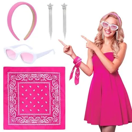 Produktbild: LOHAME 5tlg 80er 90er Kostüm Damen Rosa Rockabilly Accessoires 80er Jahre Pink Schmuck Retro Party Zubehör mit Haarreif Sonnenbrille Ohrringe Paisley Muster Bandana für Frauen Karneval Sommer Strand