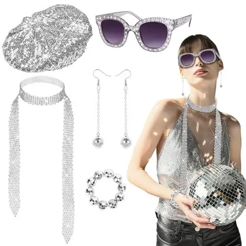 Produktbild: LOHAME 6 Stück Disco Accessoires 70er jahre Kostümzubehör 80er Damen Glitzer Schmuck 1970s Retro Party Zubehör Frauen Pailletten Stirnband Discokugel Ohrringe Armband Halskette Strass Sonnenbrille