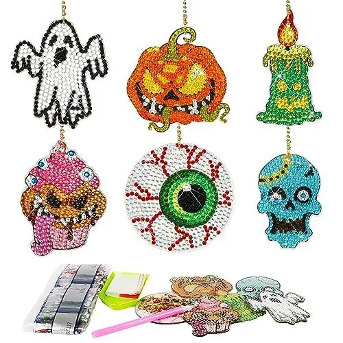 Produktbild: LOHAME 6 Stück Halloween Diamond Painting Bastelset Kinder Kürbis Diamant Painting Schlüsselanhänger Basteln Set DIY 5D Doppelseitige Geist Anhänger Halloweengeschenke für Mädchen Junge