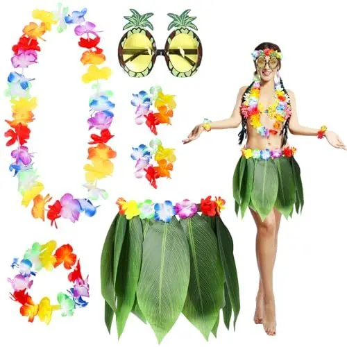 Produktbild: LOHAME 6tlg Hawaii Kostüm Accessoires Blatt Hula Rock Hawaiian Leis Set Blätterrock Ananas Sonnenbrille Hawaii Grass Rock Blume Girlande Armband Haarblume für Erwachsene Hawaii Party Beachparty Sommer