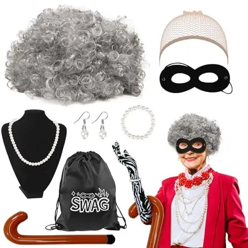 Produktbild: LOHAME 9tlg Oma Perücke Kostüm Einbrecher Granny Kostüm Zubehör Grau Großmutter Perücke mit Räubermaske Perlenkette Perlen Armband Old Lady Faschingskostüme für Karneval Fasching Cosplay Maskerade