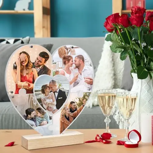 Produktbild: LOHAME Acryl Bilderrahmen 20 x 21 cm Magnetischer Fotorahmen Doppelseitige Rahmenlose magnetische Desktop Rahmen Herz Pulzze Acrylrahmen mit Holzboden für Familienfotos Hochzeitsfotos Babyfotos