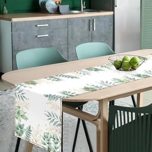Produktbild: LOHAME Eukalyptus Tischläufer Waschbar Frühling Tischdeko 185 x 35cm Grünes Blätter Tischdecke Sommer Taufe Tischband für Kommunion Hochzeit Urlaub Party drinnen draußen Wohnzimmer Deko