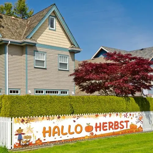 Produktbild: LOHAME Hallo Herbst Banner mit Ahornblätter, Kürbis, Igel, Eichhörnchen Muster - Herbstdeko Hintergrund für Haus, Wand und Foto-Requisiten