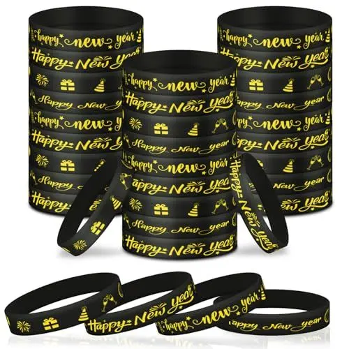 Produktbild: LOHAME Neujahr Armbänder Happy New Year Silikon Armband Silvester Deko Frohes Neues Jahr Schwarz Gold Accessoires Partygeschenke für Kinder Erwachsene Silvesterparty Neujahr Party Geschenk