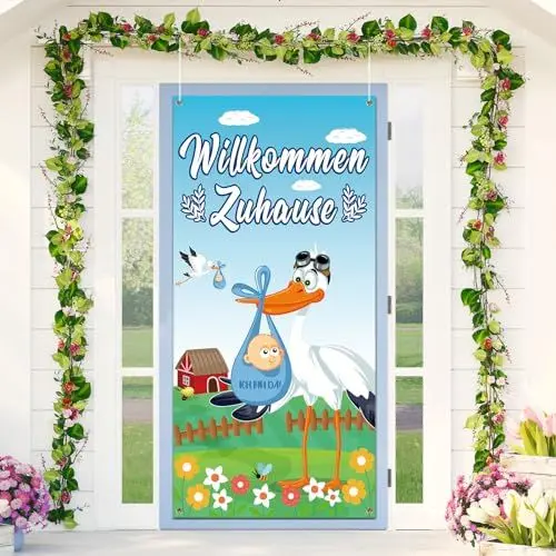Produktbild: LOHAME Willkommen Zuhause Baby Banner Tür Banner zur Geburt Baby blau Storch Geburt Partysbanner 183x 90cm Babyparty Hintergrund Deko Welcome Home Baby Dekoration für Baby Junge Kleinkinder Geburt
