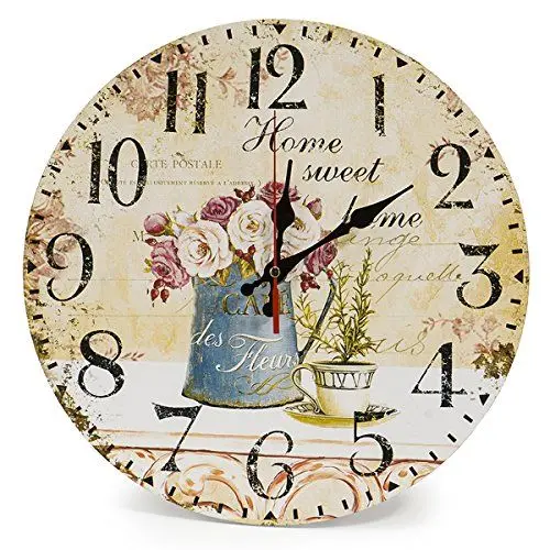 Produktbild: LOHAS Home 12 Zoll/30CM Holz Wanduhr/Küchenuhr im Landhausstil Stille Nicht-tickende für die Küche,Home Office, Wohnzimmer und Schlafzimmer (Cafe & Blumen)