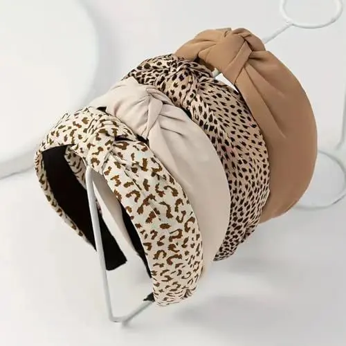 Produktbild: Lohill 4 Stück Haarreifen für Damen, Modisch Stirnbänder für Frauen, Rutschfest Haarband für Damenhaare, Niedliches Haarband Beige Braun Breiter Knoten Leopardenmuster Haarreifen