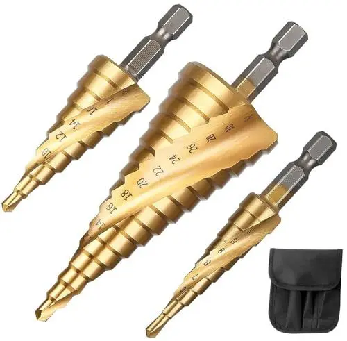 Produktbild: Lohill HSS Stufenbohrer, 3-tlg Stufenbohrer Set, Schälbohrersatz, Exact Spiralnut Kegelbohrer, 4 mm bis 12/20/32mm Titanbeschichtet Profi Metallbohrer Bohrer Satz für Metall, Holz, Kunststoff