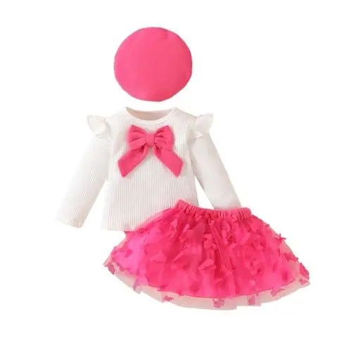 Produktbild: LOIJMK Baby Mädchen Langarm Top Mit Schleife Streifen Persönlichkeit Schmetterling Mesh Rock/Winter Casual Anzug Baby Neugeborenen Kleidung (Hot Pink, 6-9 Months)