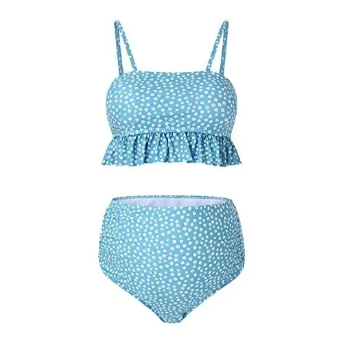 Produktbild: LOIJMK Badeanzug Mollige Damen Umstands-Badeanzug mit Blumendruck, tropischer Halter, Boyshorts, verstellbare Brust, Badeanzug-Badebekleidungs-Set Damenschlafanzüge Warm (Light Blue, L)