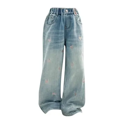 Produktbild: LOIJMK Große Kinder Mädchen Jeans mit elastischem Bund und weitem Bein, lässige Baggy-Hose aus Denim, Größe 5–14 T Shirt Gelb (Blue, 8-9 Years)