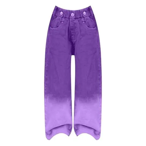 Produktbild: LOIJMK Große Kinder Mädchen Jeans mit elastischem Bund und weitem Bein, lässige Baggy-Hose aus Denim, Größe 5 14 T Shirt Gelb (Purple-f, 5-6 Years)